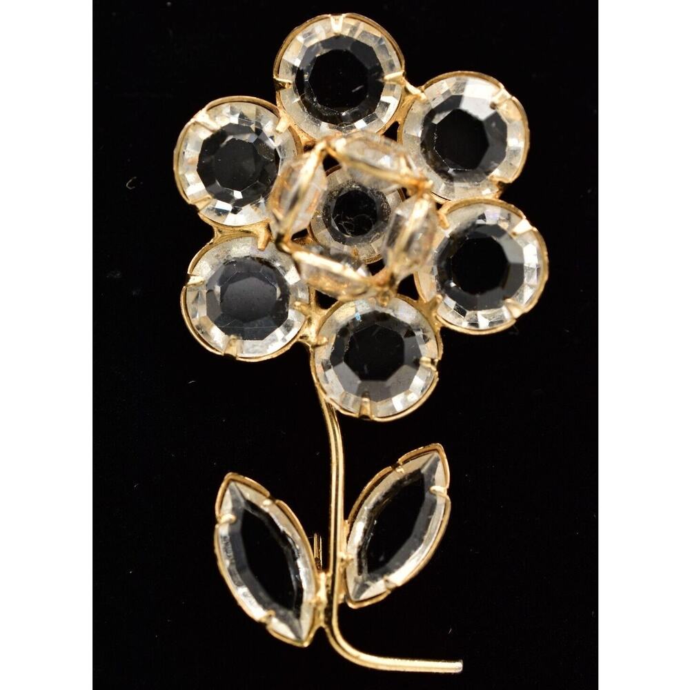 Vintage Crystal Flower Pin Brooch Clear Open Bezel Prong Gold Tone 1980s Bin4